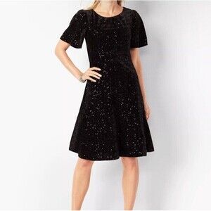 Talbots RSVP Black Velvet Fit & Flare Dress Sequins Party Cocktail Size 4